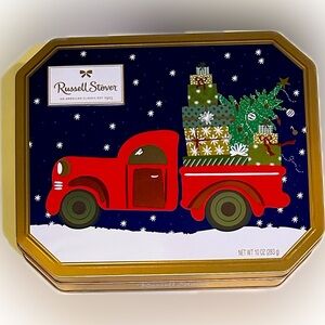 RUSSELL STOVER PICKUP TRUCK CHRISTMAS HOLIDAY TIN 8x10 GIFT STORAGE ORGANIZATION